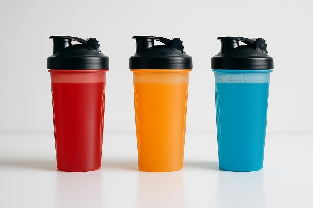 Three shaker bottles in a row against a white background. From left to right, the bottles are filled with bright red, orange, and blue liquids.