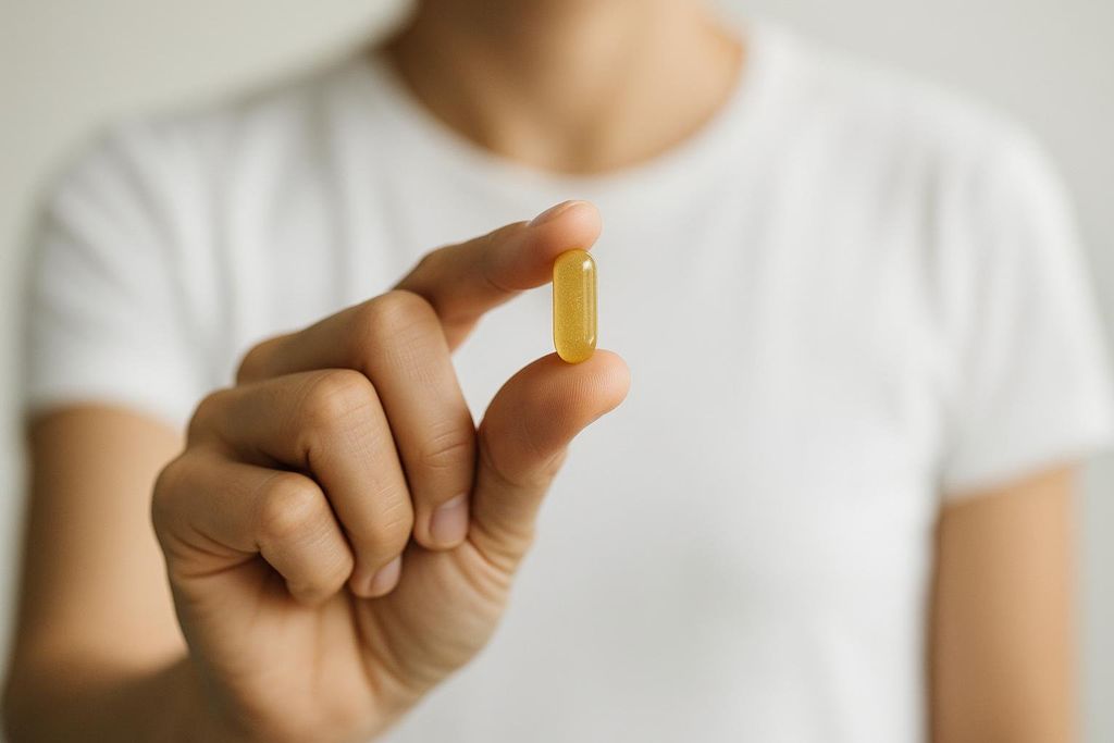A person's hand, wearing a white t-shirt, holding up a single translucent, yellow-gold softgel capsule between the thumb and forefinger.