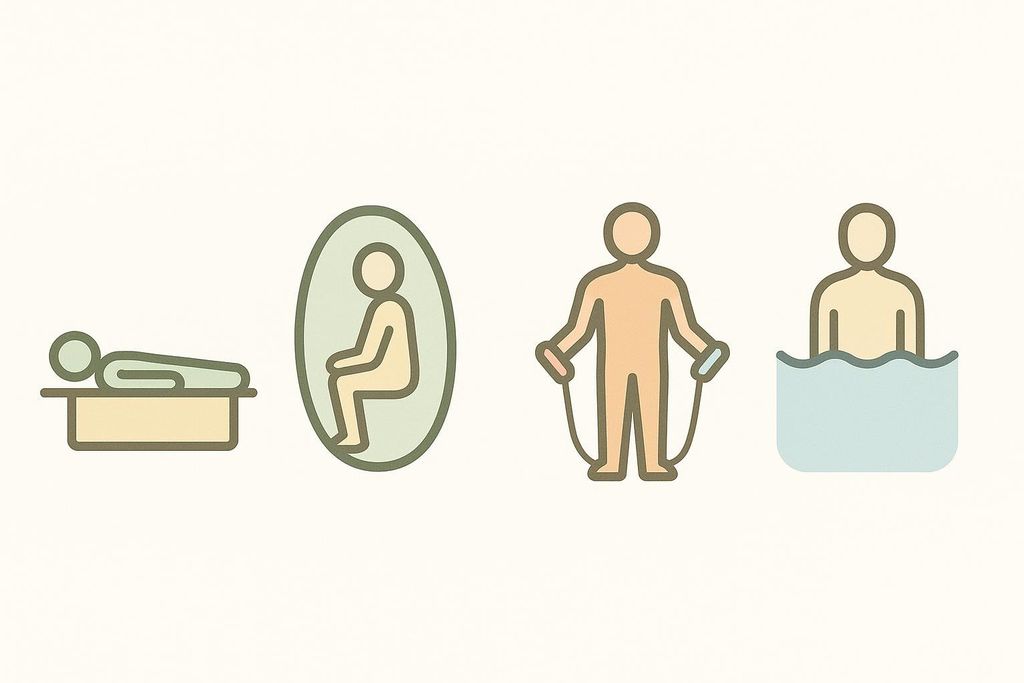 Four icons showing different body fat tests: a person lying down for DEXA, a person sitting in an oval pod for BOD POD, a person hooked up to BIA, and a person submerged in water for hydrostatic weighing.