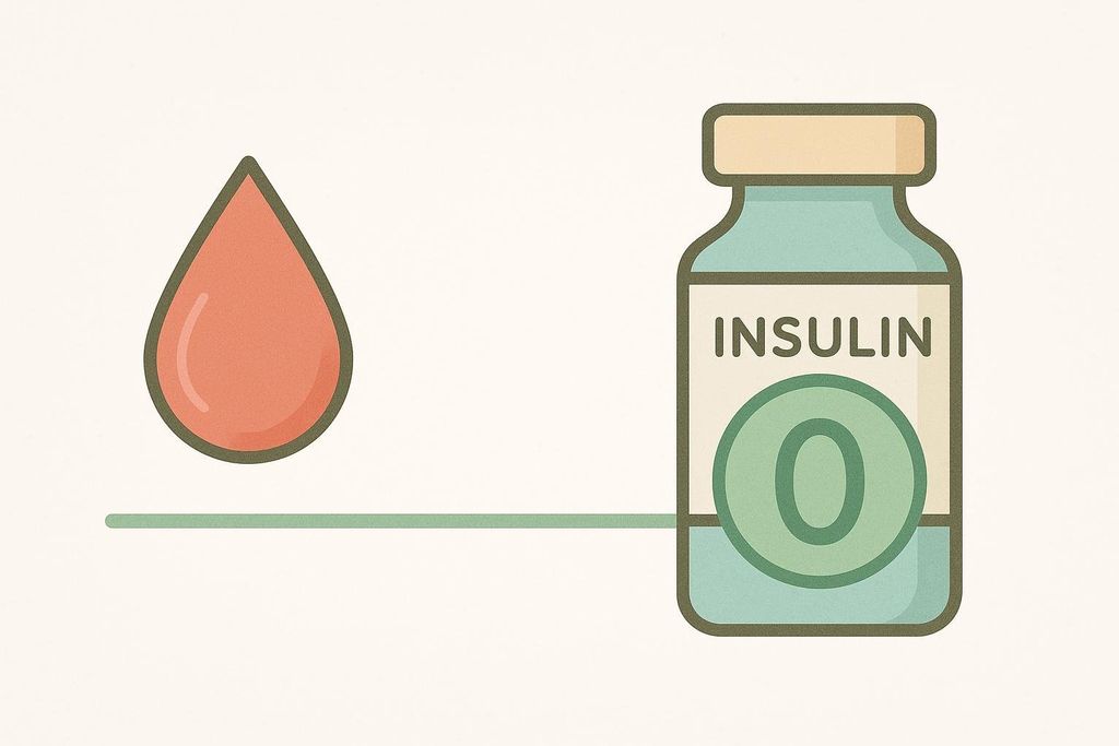 An illustration showing a single blood drop connected by a line to a vial labeled 'INSULIN' with a large zero inside, symbolizing a neutral or zero impact on blood glucose and insulin levels.