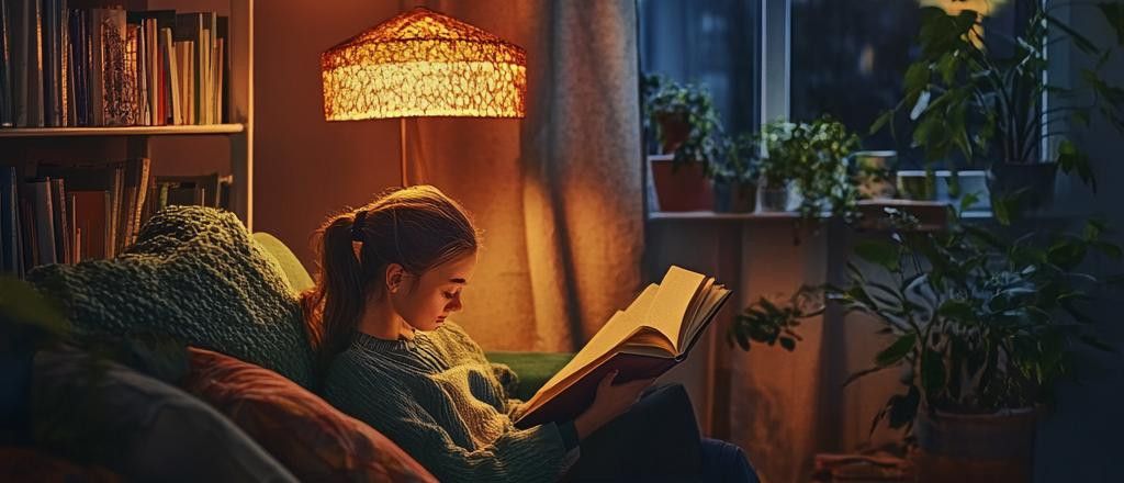 A young girl is comfortably seated, engrossed in reading beneath the warm glow of a lamp.
