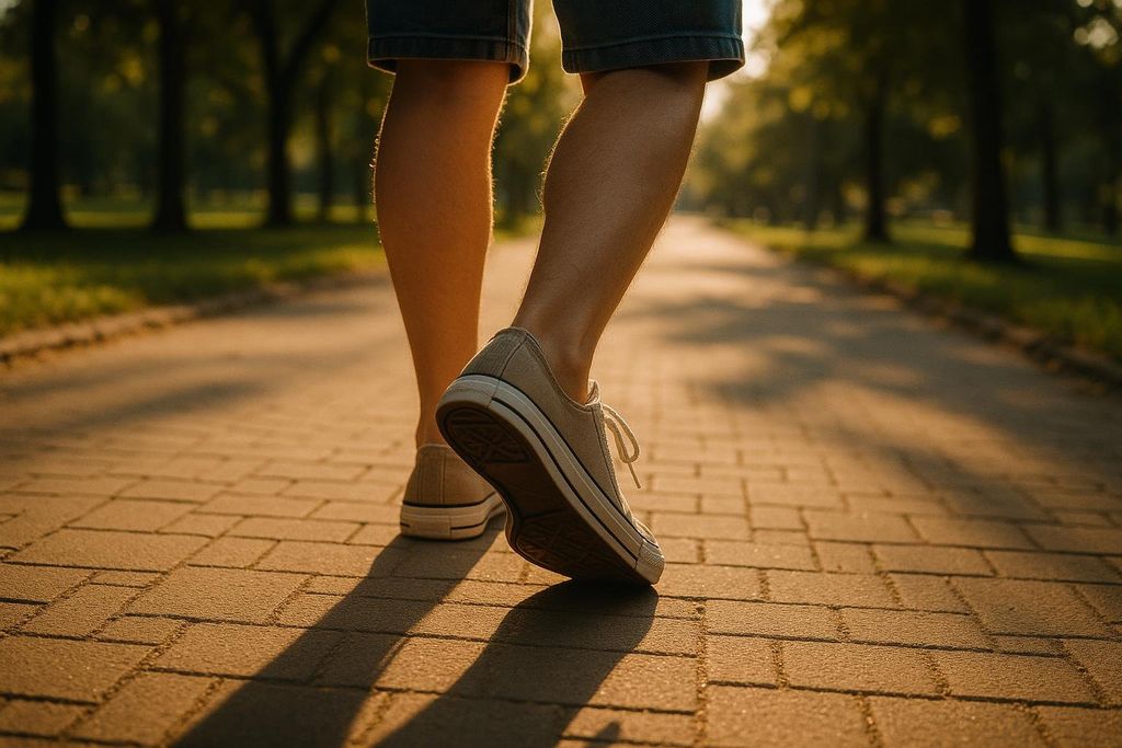 A person's feet and lower legs are shown as they walk forward on a brick path, away from the viewer, during golden hour. Long shadows are cast on the path and trees line both sides in the background.