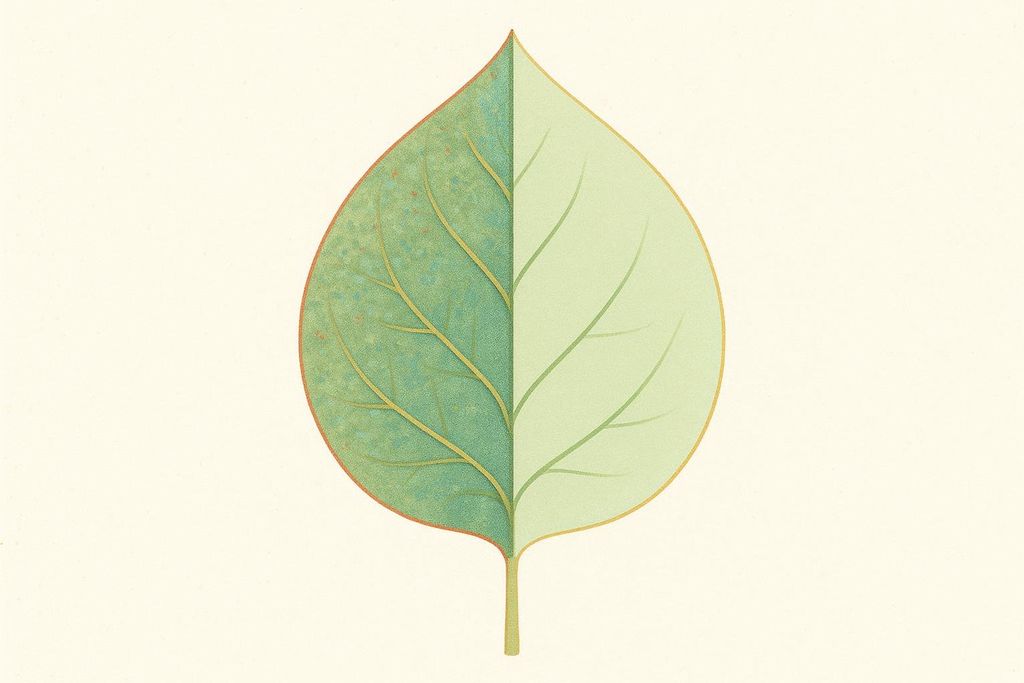 An illustration of a single leaf, vertically split into two different shades of green. The left side is a darker, textured green with visible yellow veins, while the right side is a lighter, flatter green with faint veins.