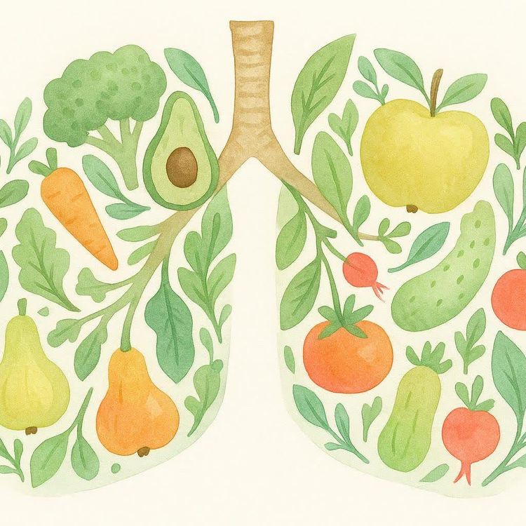 Illustration of a steaming teacup and lung-shaped green leaves.