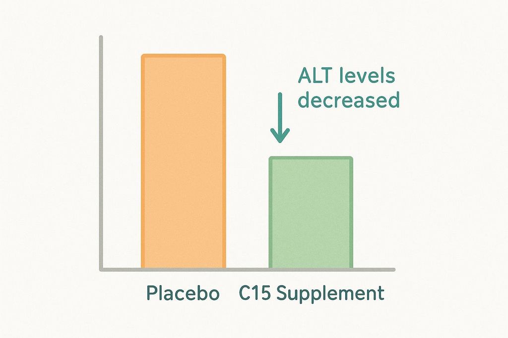 Bar chart showing a significant decrease in ALT liver enzymes after C15 supplementation compared to a placebo.