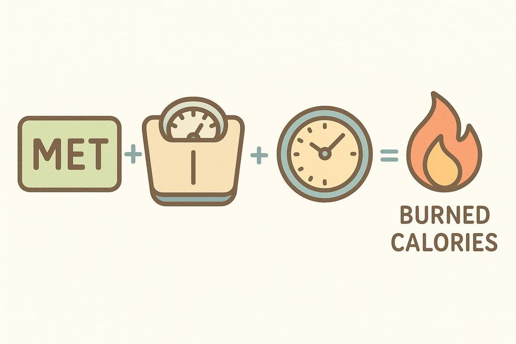 An infographic showing the formula for calculating burned calories: MET (Metabolic Equivalent of Task) plus body weight plus time equals burned calories, illustrated with an icon for each variable.