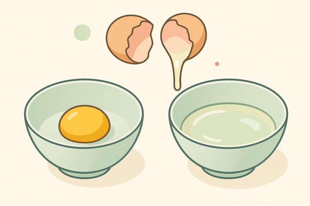 An illustration showing an egg yolk in one bowl and egg whites in another, with a cracked eggshell above, dripping white into the bowl. This depicts the process of separating egg yolk and whites.