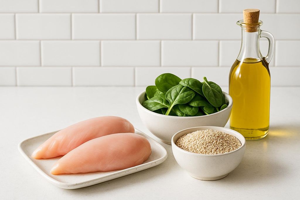 A selection of raw ingredients including two chicken breasts on a white plate, a bowl of fresh spinach, a bowl of quinoa, and a bottle of olive oil, all displayed on a white counter with a subway tile backsplash.