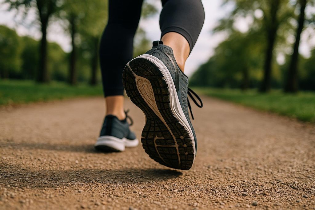 Close-up view of black sneakers walking on a dirt path surrounded by green trees and grass.
