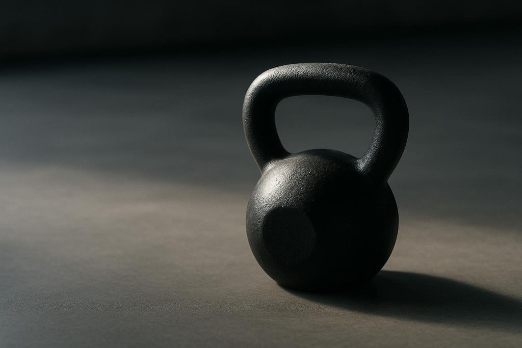 A black kettlebell sits on a dark, textured floor, with soft lighting highlighting its shape and casting a shadow to its right. The background is a blurred dark gray.