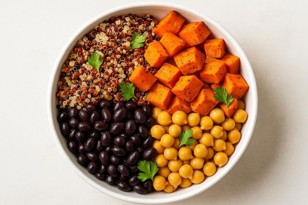 A top-down view of a colorful bowl of whole foods divided into four sections: quinoa, cubed sweet potatoes, black beans, and chickpeas, garnished with parsley.