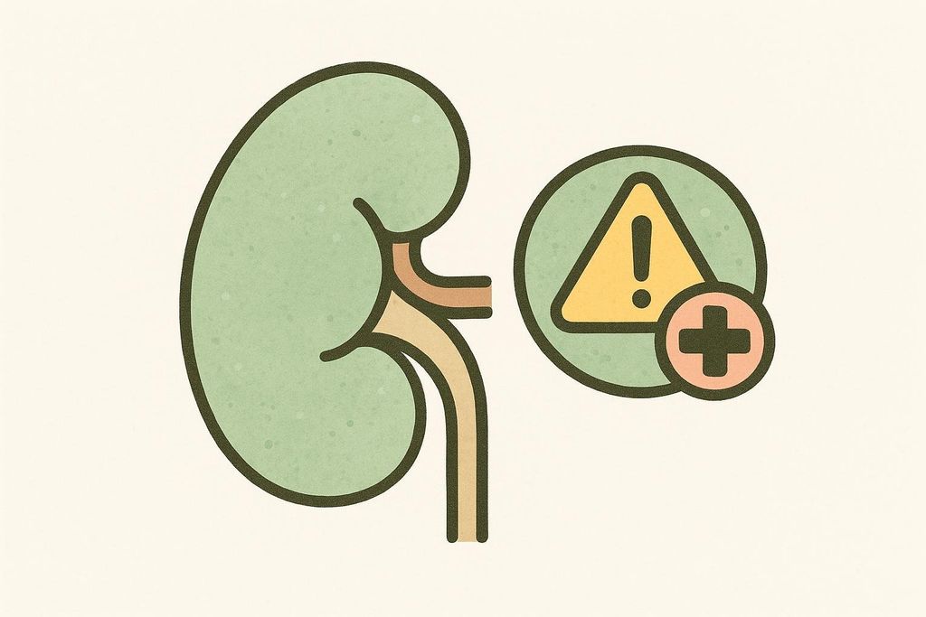 A stylized illustration of a kidney organ in light green, with a circular icon to its right. The icon contains a yellow warning triangle with an exclamation mark, and a small red medical cross symbol overlaid on the bottom right of the circle, against a light green background. This represents caution for kidney health.
