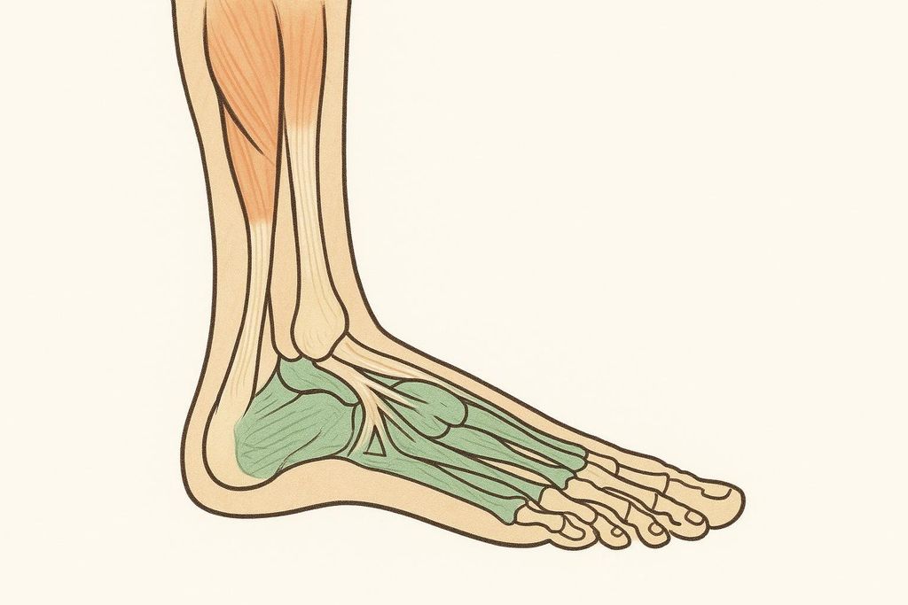An illustration depicting the foot and lower leg muscles. Extrinsic muscles, located in the lower leg, are shown in light orange, connecting to the foot. Intrinsic muscles, located within the foot itself, are colored green.