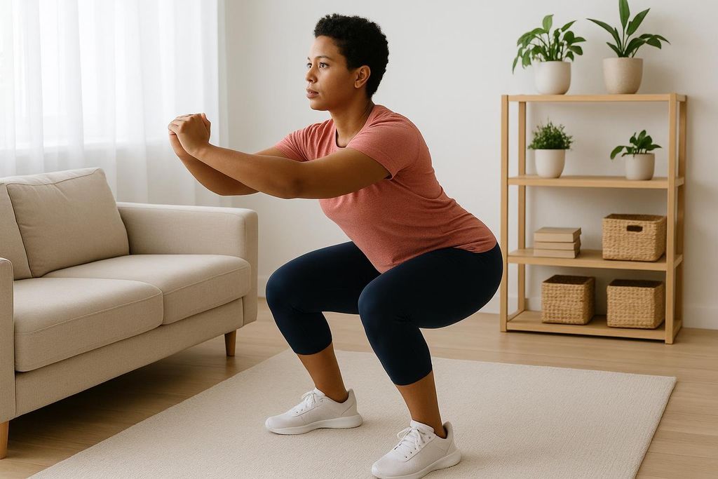 A woman in a coral t-shirt and dark blue capris performing a bodyweight squat on a rug in her living room. She is looking forward with her hands clasped in front of her chest. A light-colored sofa is to her left and a wooden shelf with potted plants and storage baskets is to her right.