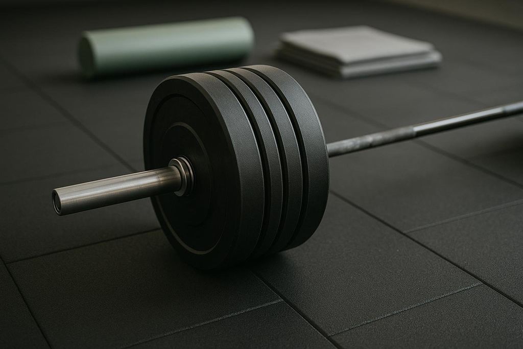 Loaded barbell on the gym floor with an exercise mat and roller in the background
