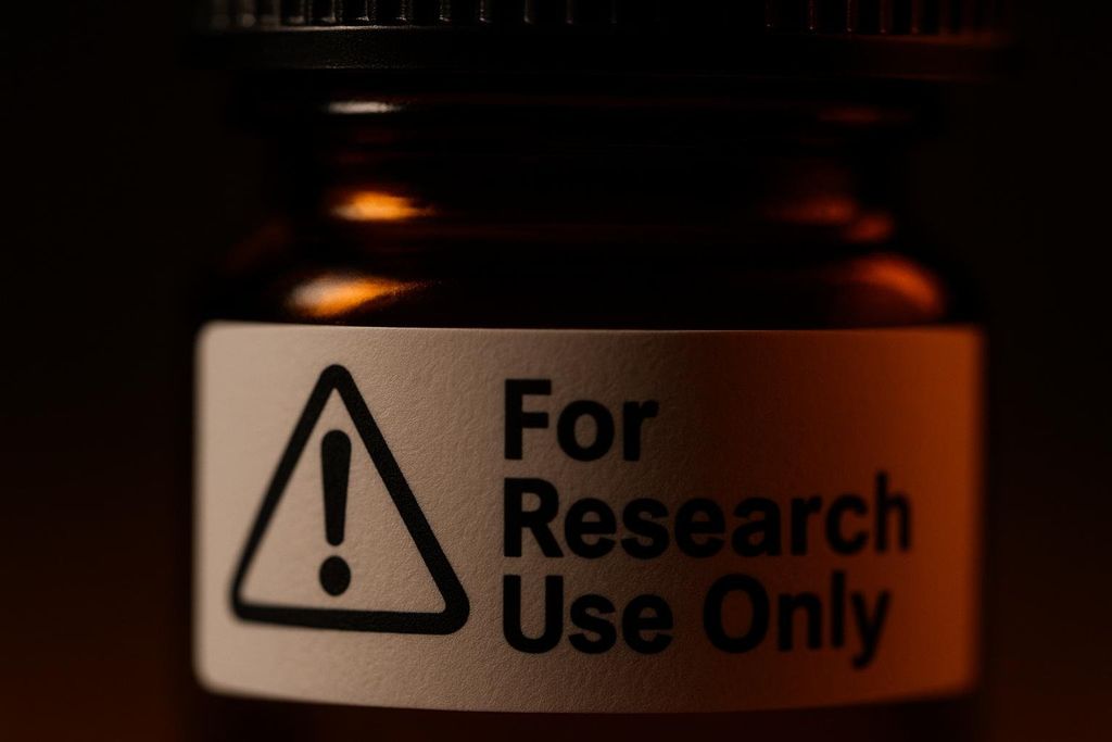 A close-up of an amber research chemical bottle label with a warning symbol and the text 'For Research Use Only'.