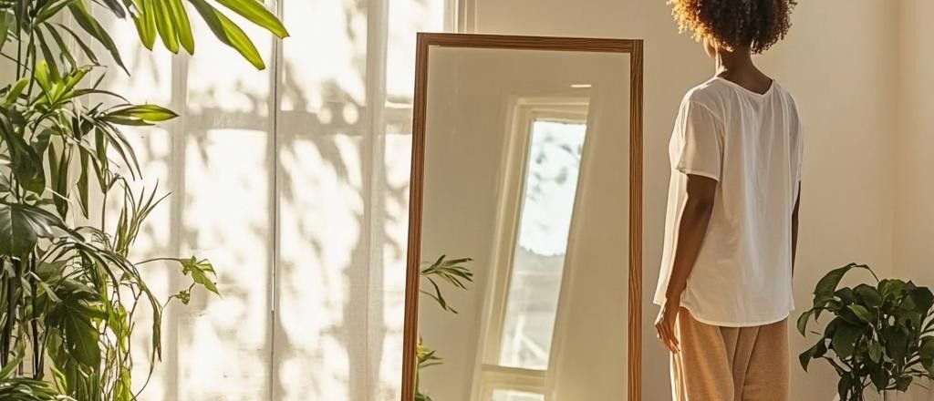 A woman in a white shirt and tan pants stands in front of a large mirror in a room with plants.