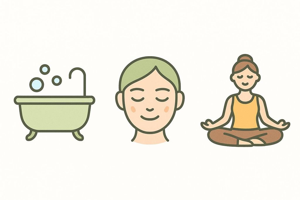 Three icons representing hydrogen bath benefits: a bubbling bathtub, a calm face, and a figure meditating in a lotus position.