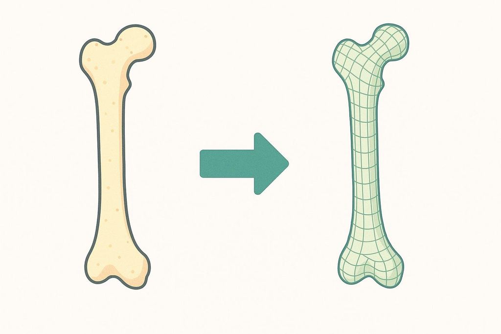 An illustration showing a 2D depiction of a thigh bone (femur) transforming into a 3D wireframe model of the same bone, with an arrow indicating the progression. This represents the concept of 3D-DXA technology.