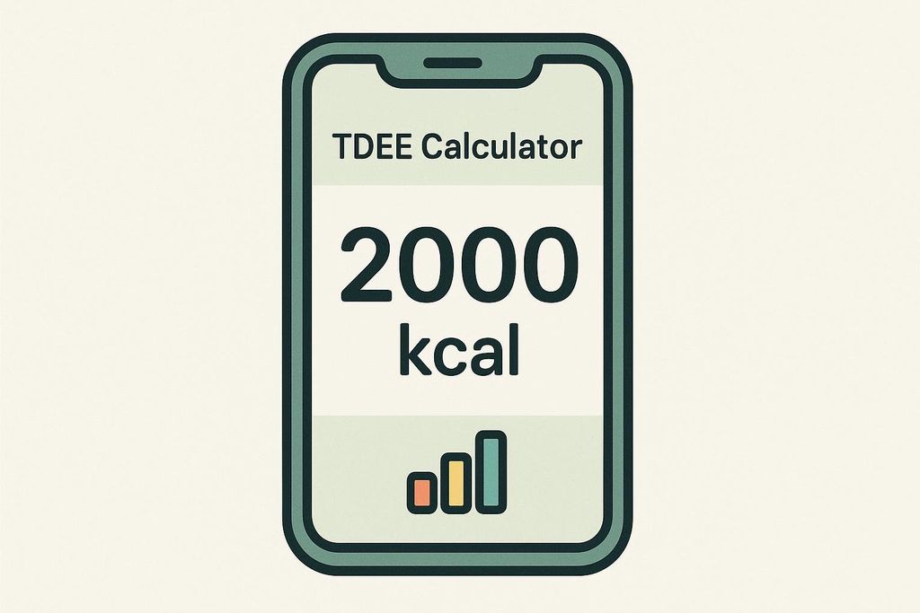 An illustration of a smartphone screen displaying a TDEE Calculator. The screen shows '2000 kcal' and a bar graph icon at the bottom, indicating a calculated Total Daily Energy Expenditure.