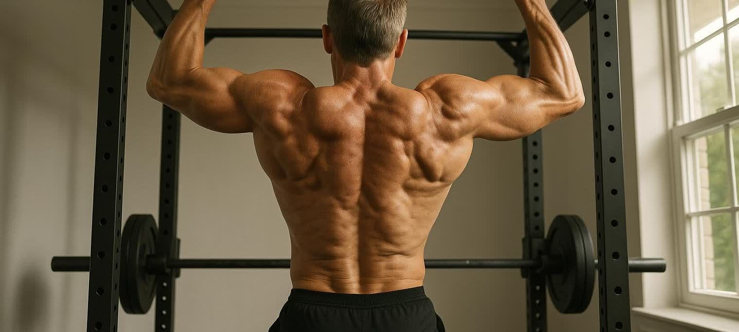A man in his late 40s shows his strong, muscular back while performing a pull-up, demonstrating impressive strength and fitness.