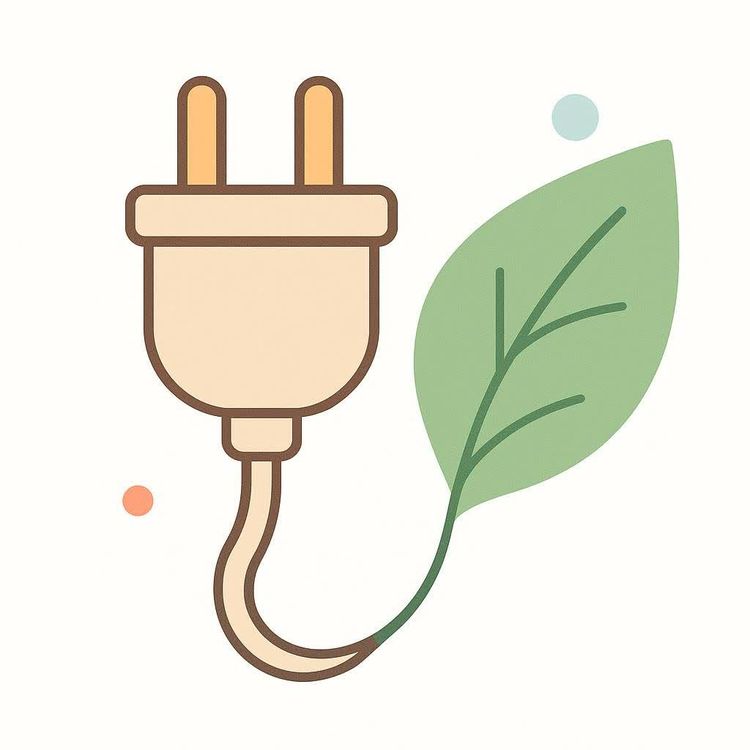 A vector icon depicting a beige electrical plug with its cord transforming into a green leaf, symbolizing eco-friendly energy or green power. Small colored circles are scattered in the background.