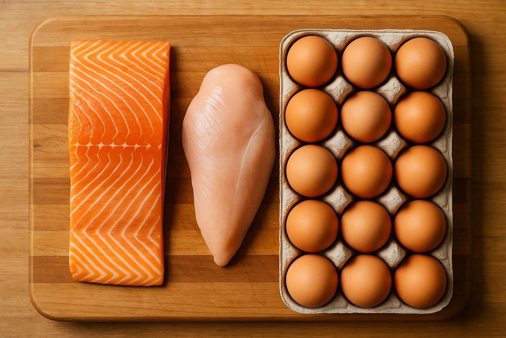 A flat lay image on a wooden cutting board, featuring a large slab of raw salmon, a raw chicken breast, and a dozen brown eggs in a carton, showcasing high-protein food options.
