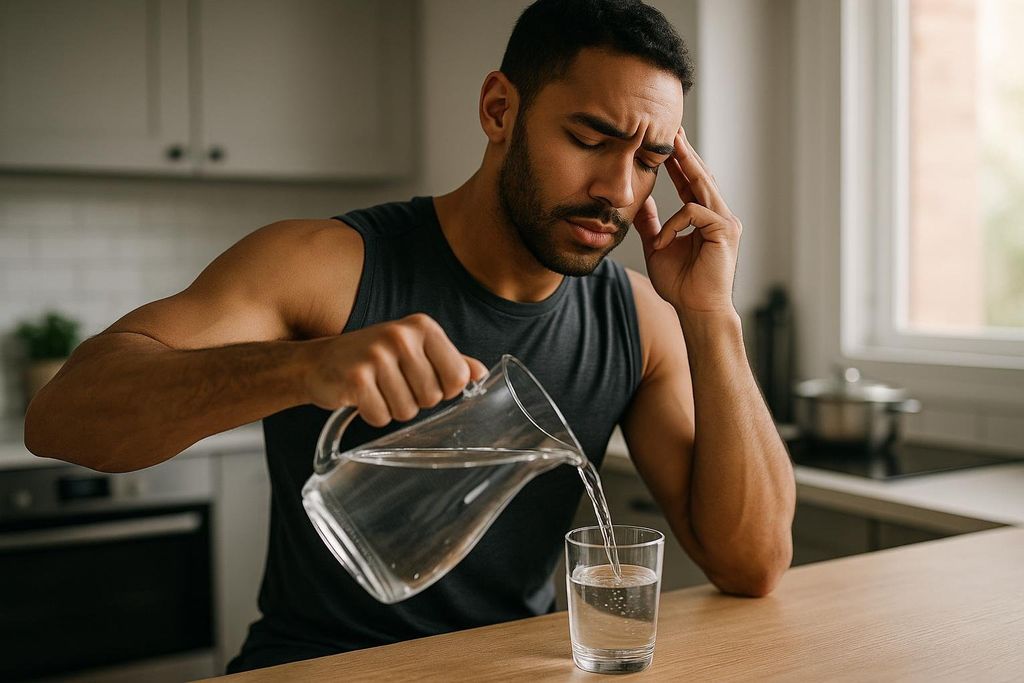 A man with a headache pouring water into a glass in a modern kitchen, suggesting relief from dehydration or illness.