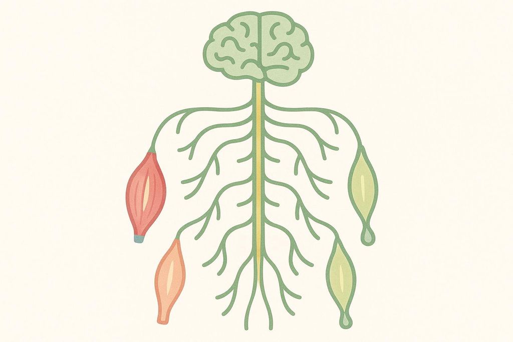 An illustration depicting the central nervous system, with a green brain at the top, a yellow spinal cord running down the center, and green nerves branching out to connect to four colorful muscle-like shapes at the sides.