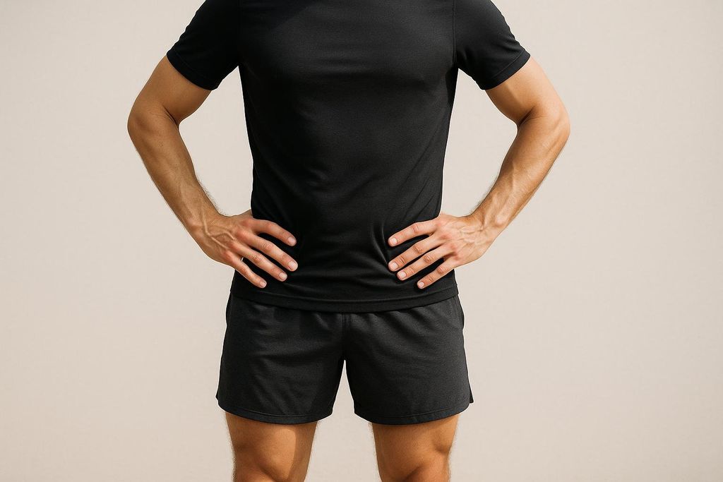 Person standing independently with hands on hips, assessing their torso.