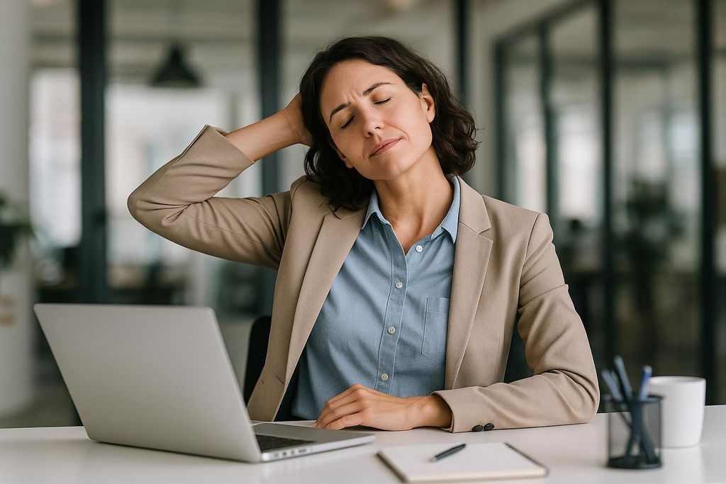 An office worker takes a short break at their desk to do a gentle neck stretch, with eyes closed as if relaxing.