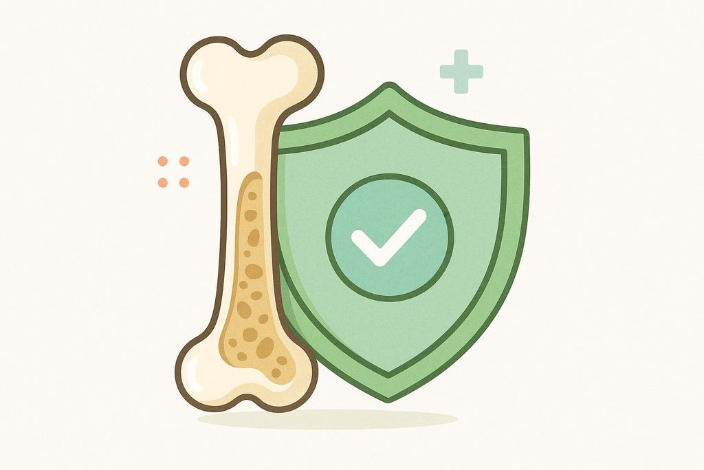 An illustration depicting a stylized bone next to a green shield with a checkmark, symbolizing that strength training protects and benefits bone health. A small green cross symbol and two orange dots are in the background.