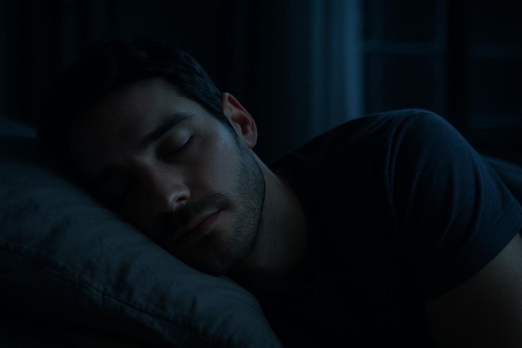 A man with dark hair and a beard is sleeping peacefully in a dimly lit room, resting his head on a pillow. The image highlights the tranquility of deep sleep.
