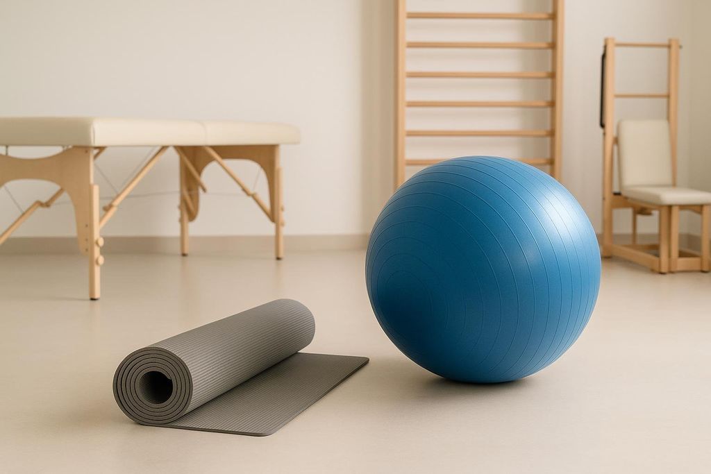 A pristine physical therapy room featuring a blue exercise ball, a rolled-up grey yoga mat, a treatment table in the background, and wooden exercise equipment mounted on the wall.