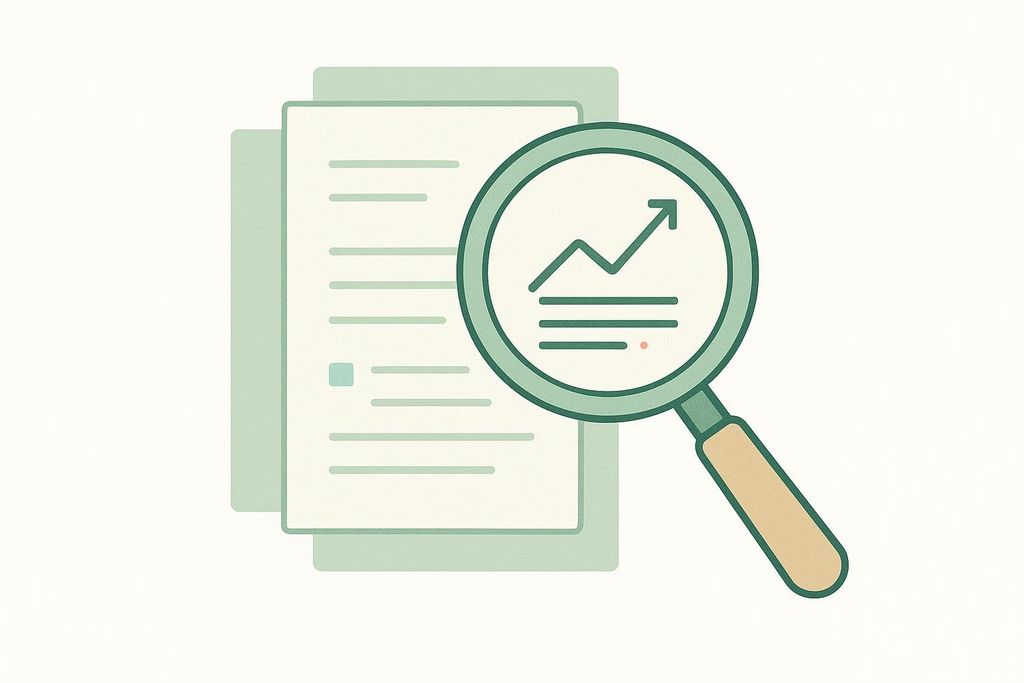 An illustration of a magnifying glass over research papers. Inside the magnifying glass is a rising line graph, symbolizing growth or analysis.