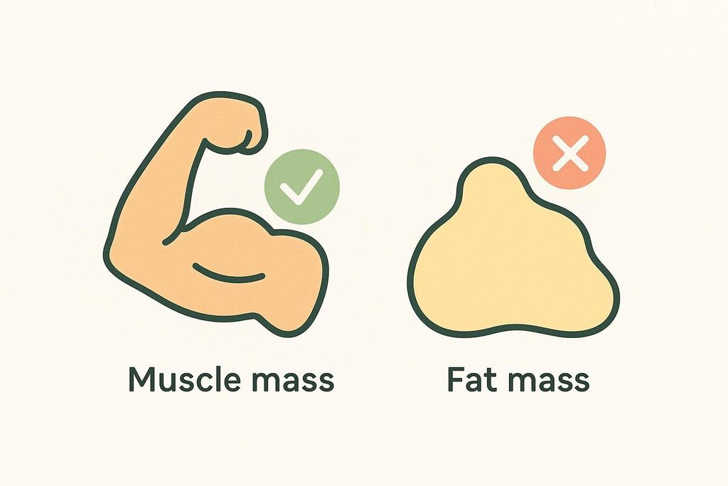 An illustration showing a flexing arm (muscle mass) with a green checkmark indicating it is good, and a blob (fat mass) with a red 'X' indicating it is bad. This illustrates a preference for muscle mass over fat mass, especially during weight loss.