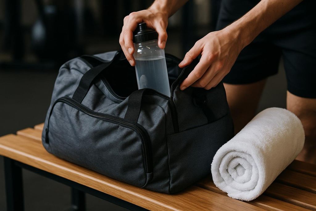 A person placing a water bottle filled with clear liquid into a grey athletic duffel bag on a wooden bench, next to a rolled white towel.