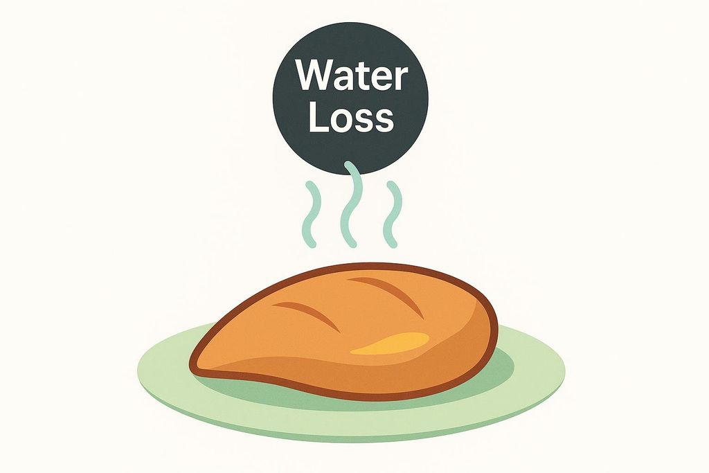 A diagram illustrating water loss from cooking chicken, showing a cooked chicken breast on a plate with wavy lines rising from it towards a dark circle labeled 'Water Loss'.