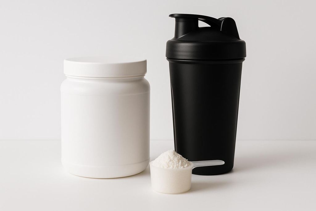 A white container of fitness powder, a black protein shaker bottle, and a scoop overflowing with white protein powder are arranged on a clean white surface.