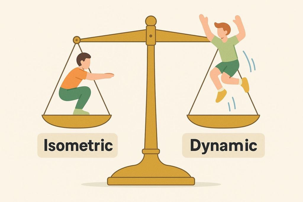 An illustration showing a person doing an isometric squat on one side of a balance scale labeled 'Isometric,' and another person jumping on the other side labeled 'Dynamic,' comparing the two types of exercises.