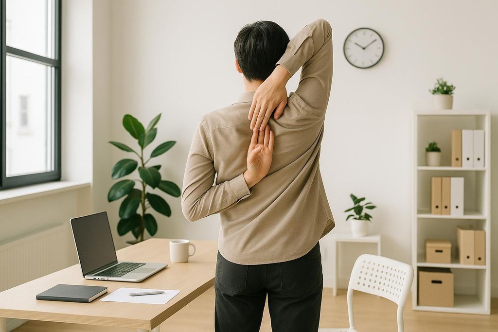 An office worker stands with their back facing the viewer, stretching their shoulders by reaching one hand over their head and the other up their back, clasping them behind their neck and shoulders. They are in a minimalist, bright office with a desk, laptop, and plants.