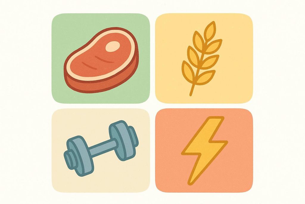 A 4-part graphic illustrates a blueprint for improving insulin sensitivity. Icons depict a piece of meat for protein, wheat for carb quality, a dumbbell representing strength training, and a lightning bolt for HIIT or high-intensity interval training.