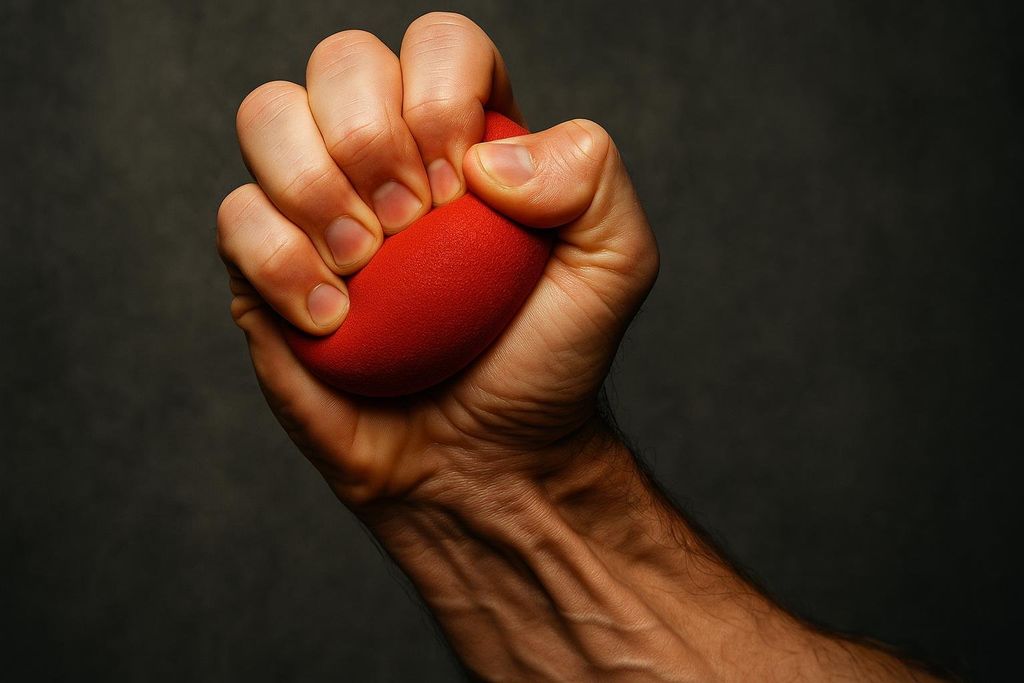 Close-up of a hand tightly squeezing a red, oval-shaped stress ball. Veins are visible on the forearm, suggesting effort.