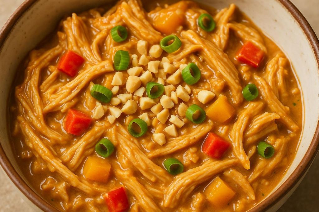 A close-up shot of Thai peanut chicken in a ceramic bowl, garnished with chopped peanuts, green onions, and diced red and yellow bell peppers.