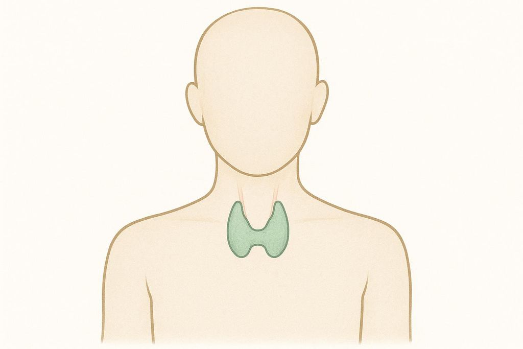 An illustration showing the location of the butterfly-shaped thyroid gland at the front of a human neck.