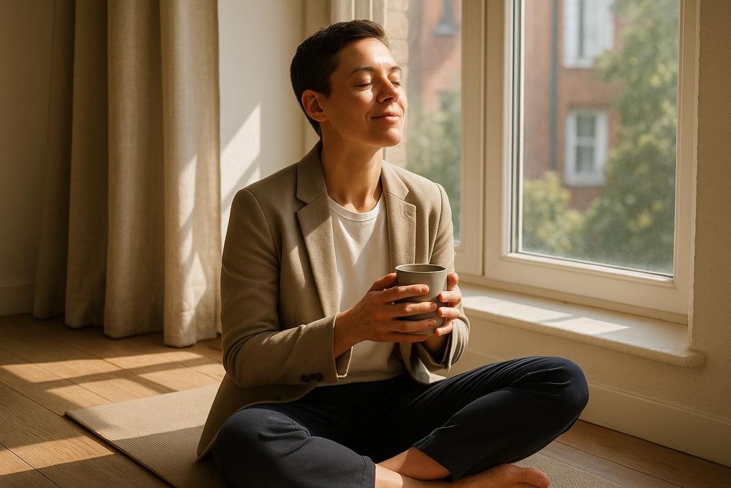 A person with closed eyes, smiling, and holding a warm mug by a sunny window, appearing relaxed and content.