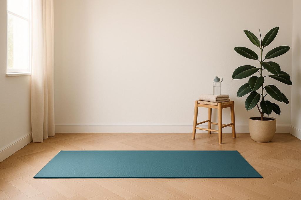 A teal yoga mat lying on a light wood parquet floor. To the right, a small wooden stool holds folded towels and a water bottle, next to a tall potted rubber plant. A bright window with sheer curtains is visible on the left.