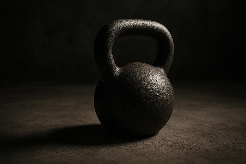 A single, dark-colored kettlebell weight sits on a dark, textured surface, casting a subtle shadow. The background is dark and out of focus.