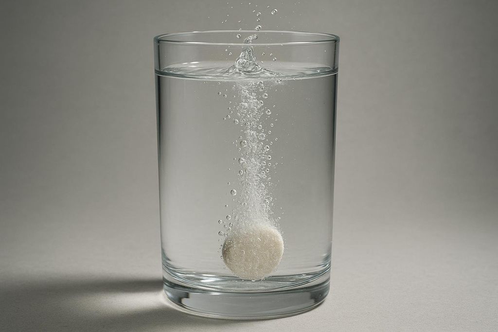 An effervescent tablet vigorously dissolving at the bottom of a clear glass of water, releasing a stream of bubbles that rise to the surface, causing a small splash. The background is a solid light gray.