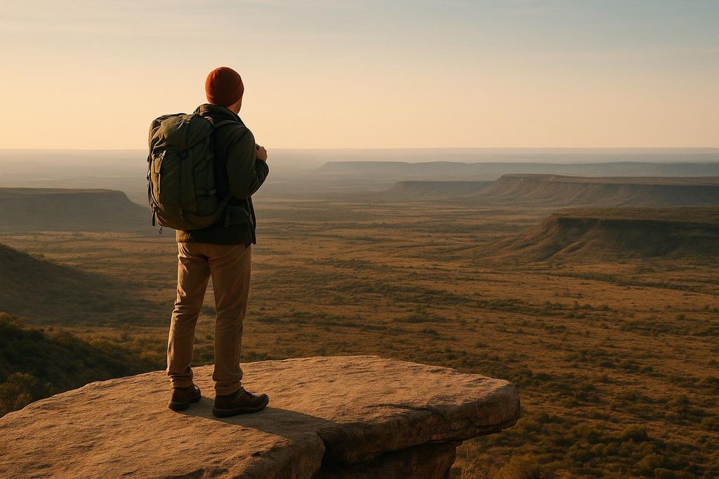 A lone hiker with a backpack and a red cap stands on a rocky plateau, looking out over a vast, hazy landscape of flat-topped mountains and plains at sunset.